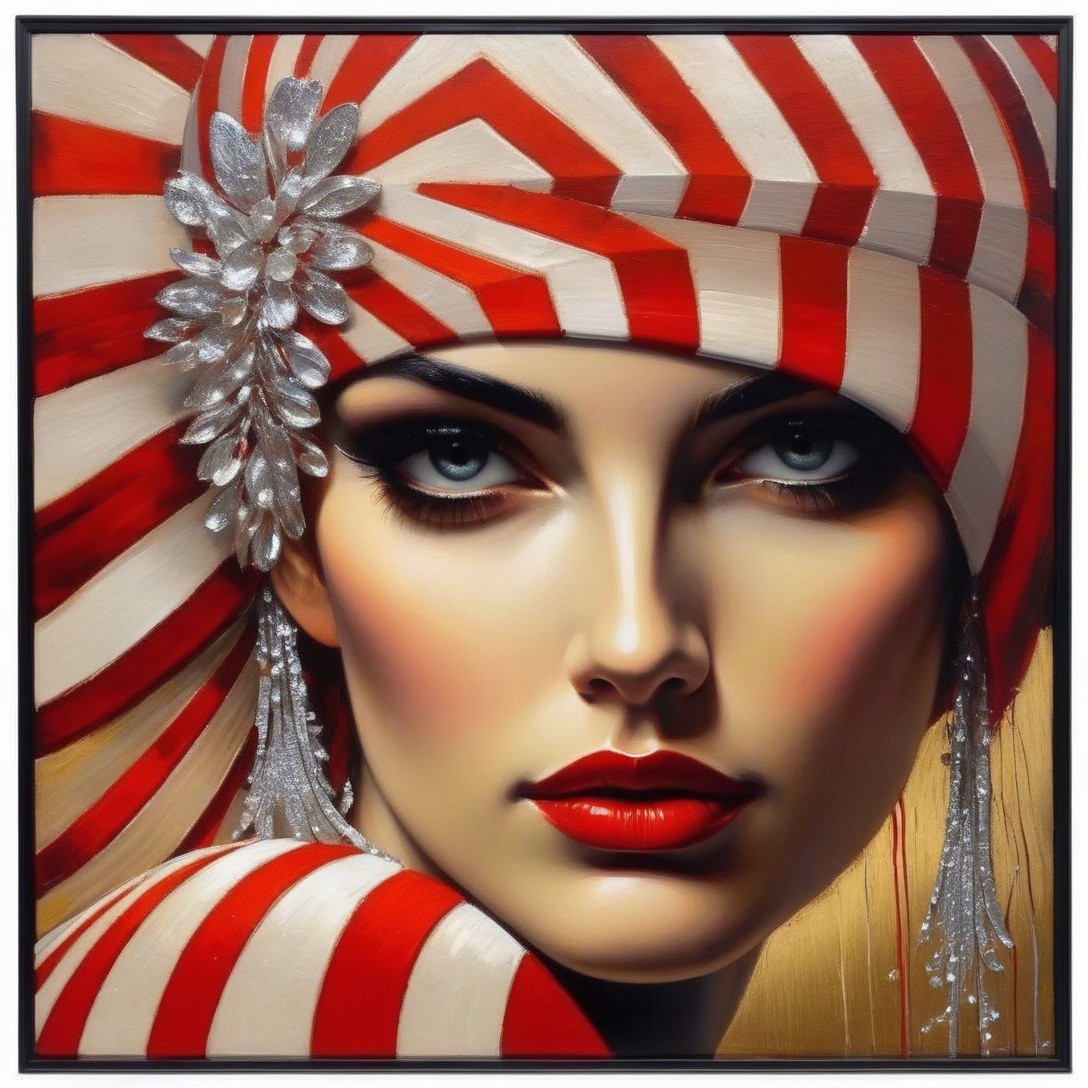 Portrait of a Woman with Striped Head Wrap and Makeup