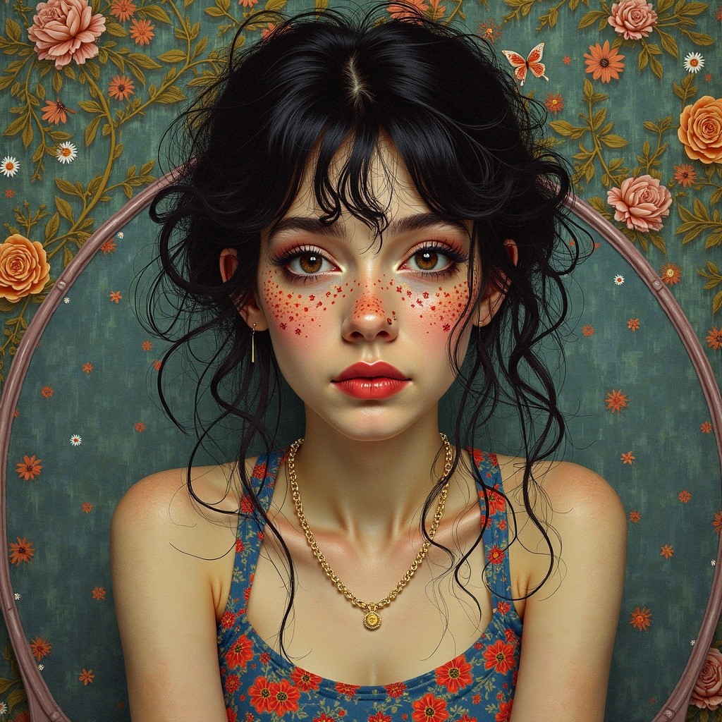 Young Woman with Dark Hair Amidst Roses and Butterflies