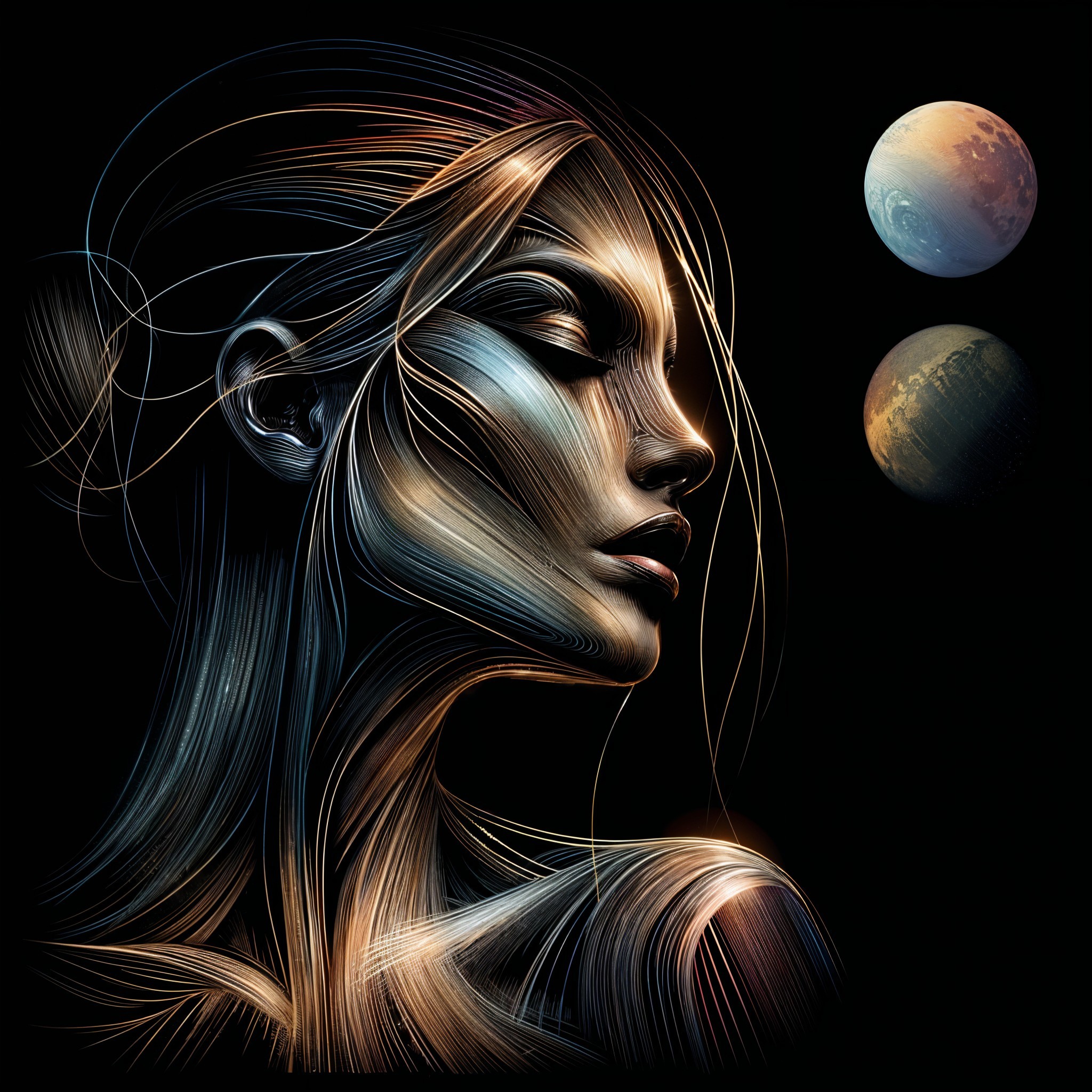 Artistic Representation of a Woman's Face with Planets