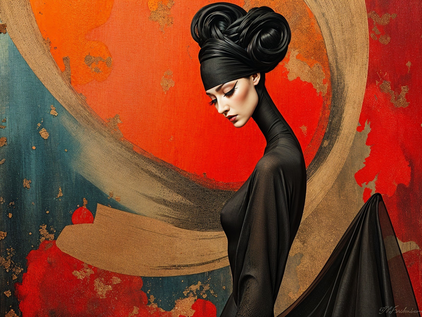 Elegant Figure in Black Gown Against Vibrant Backdrop