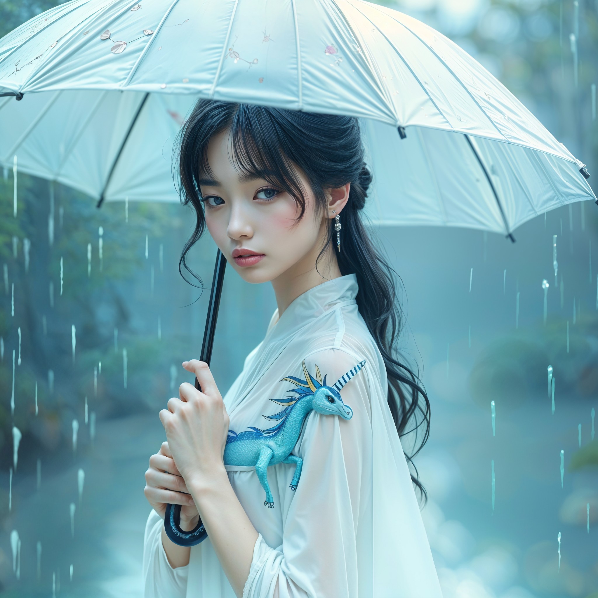 Young woman in rain with umbrella and toy unicorn