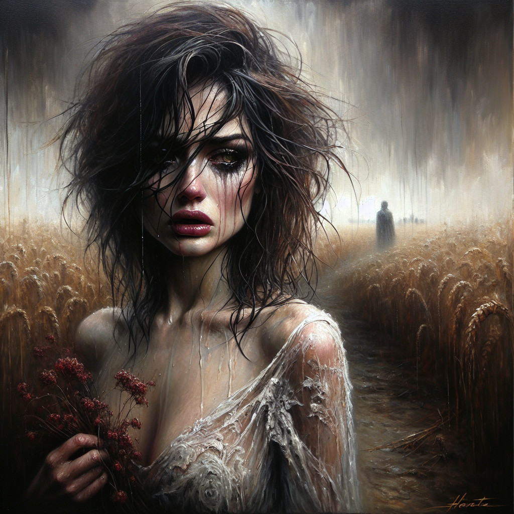 Distressed Woman in Wheat Field with Wilted Flowers