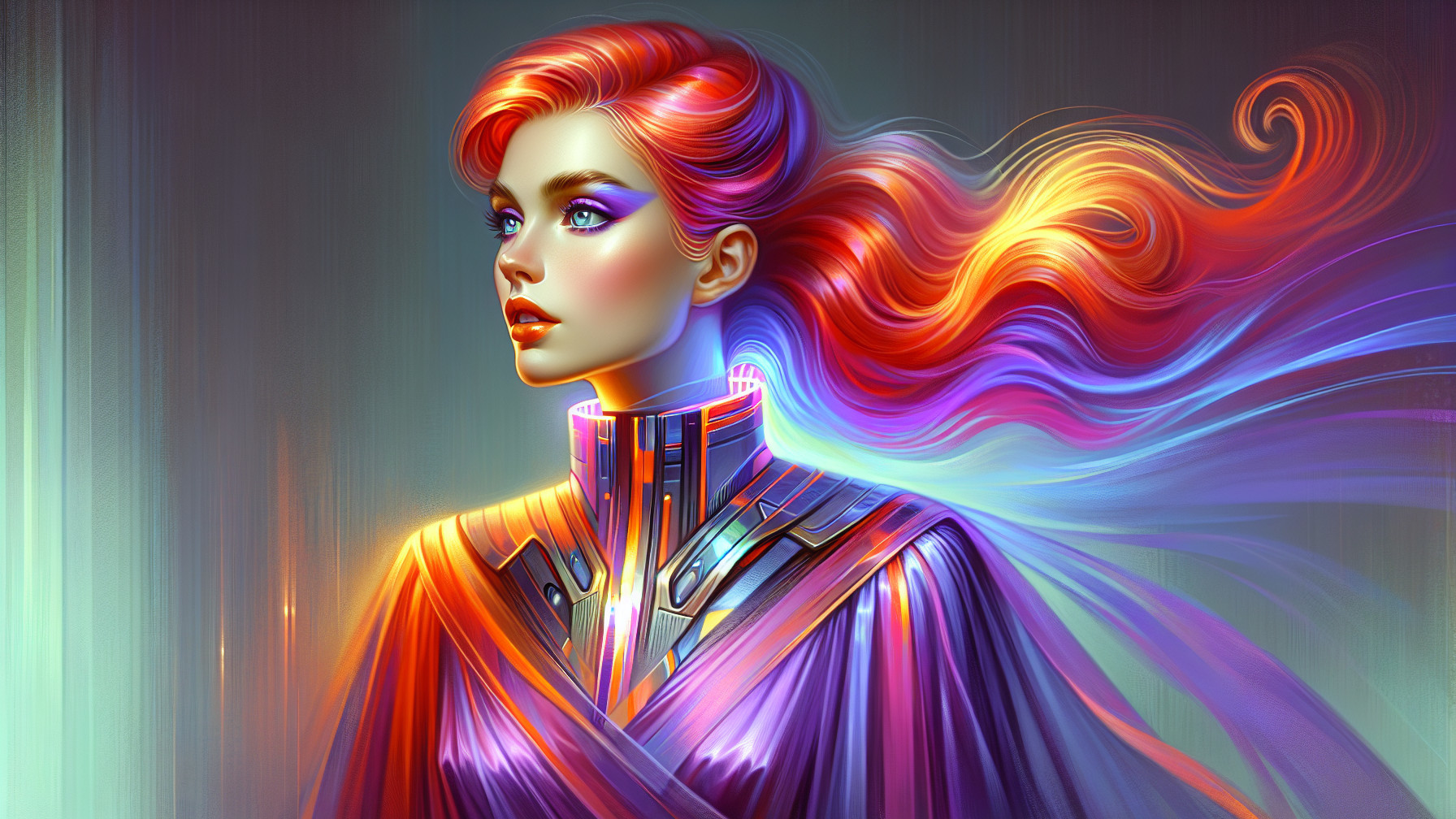 Futuristic Female Figure with Vibrant Hair and Garment