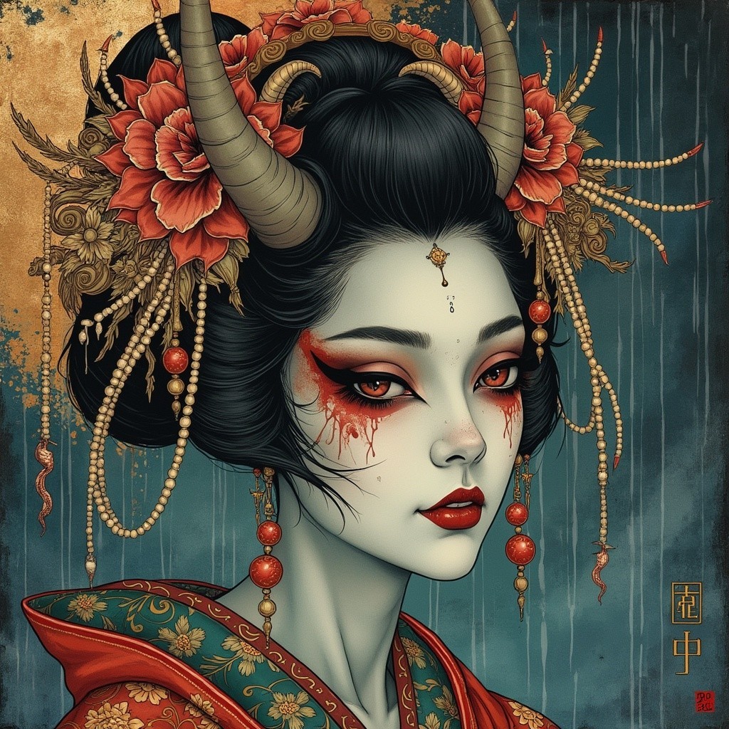 Striking Woman with Dark Hair and Red Flowers