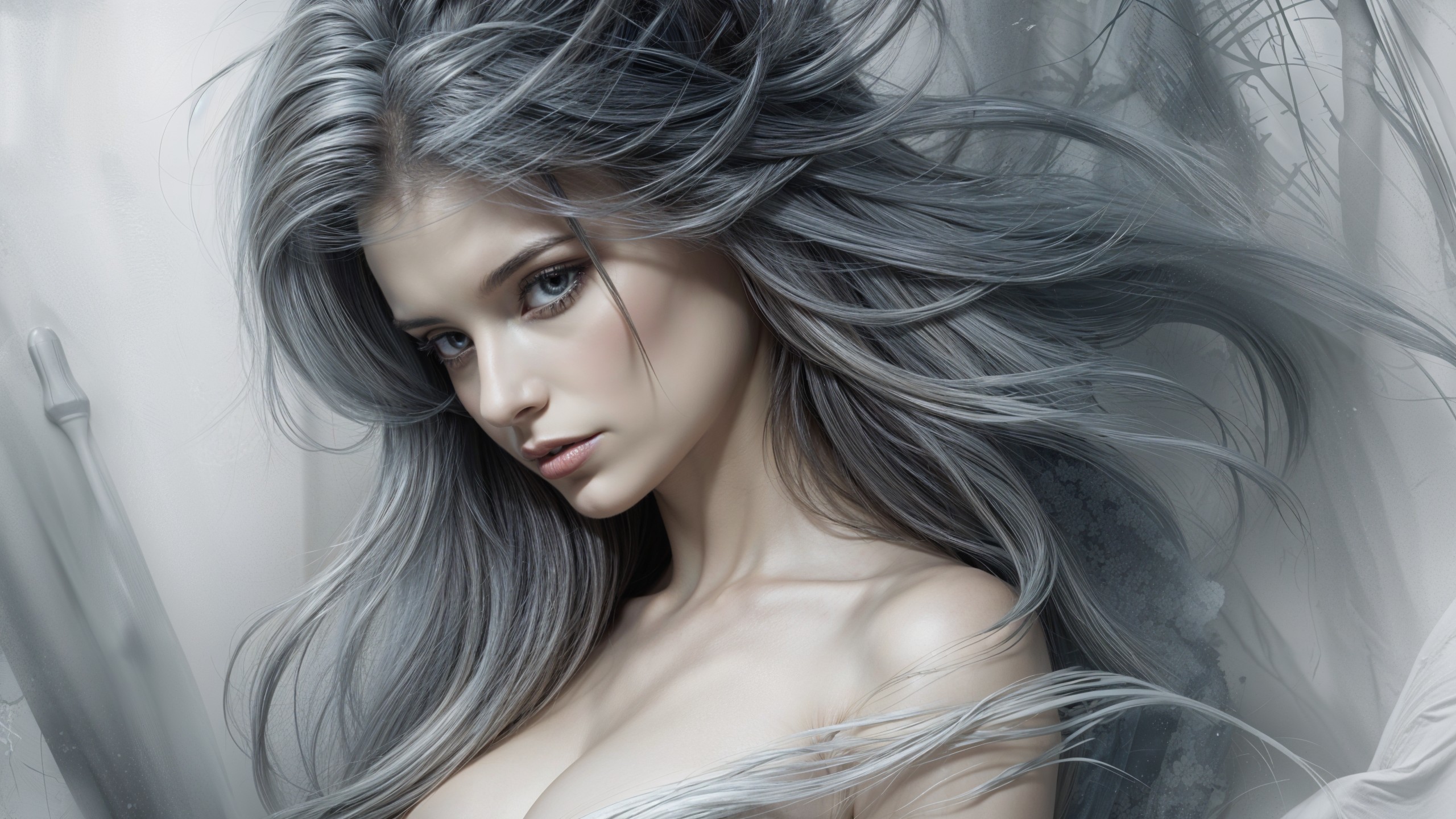 Close-up Portrait of a Young Woman with Silvery Hair