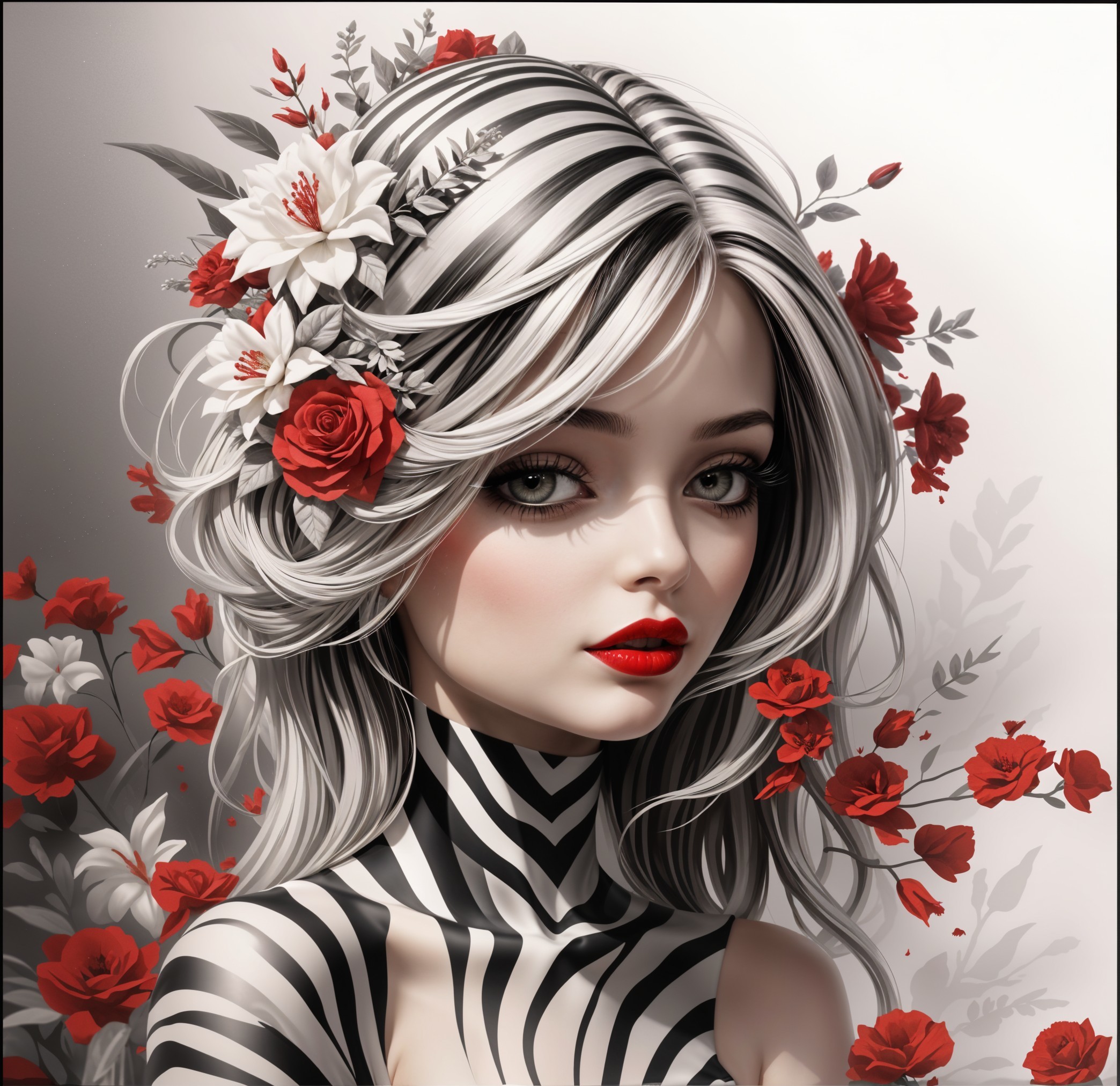 Portrait of a Woman with Silver Hair and Floral Accents