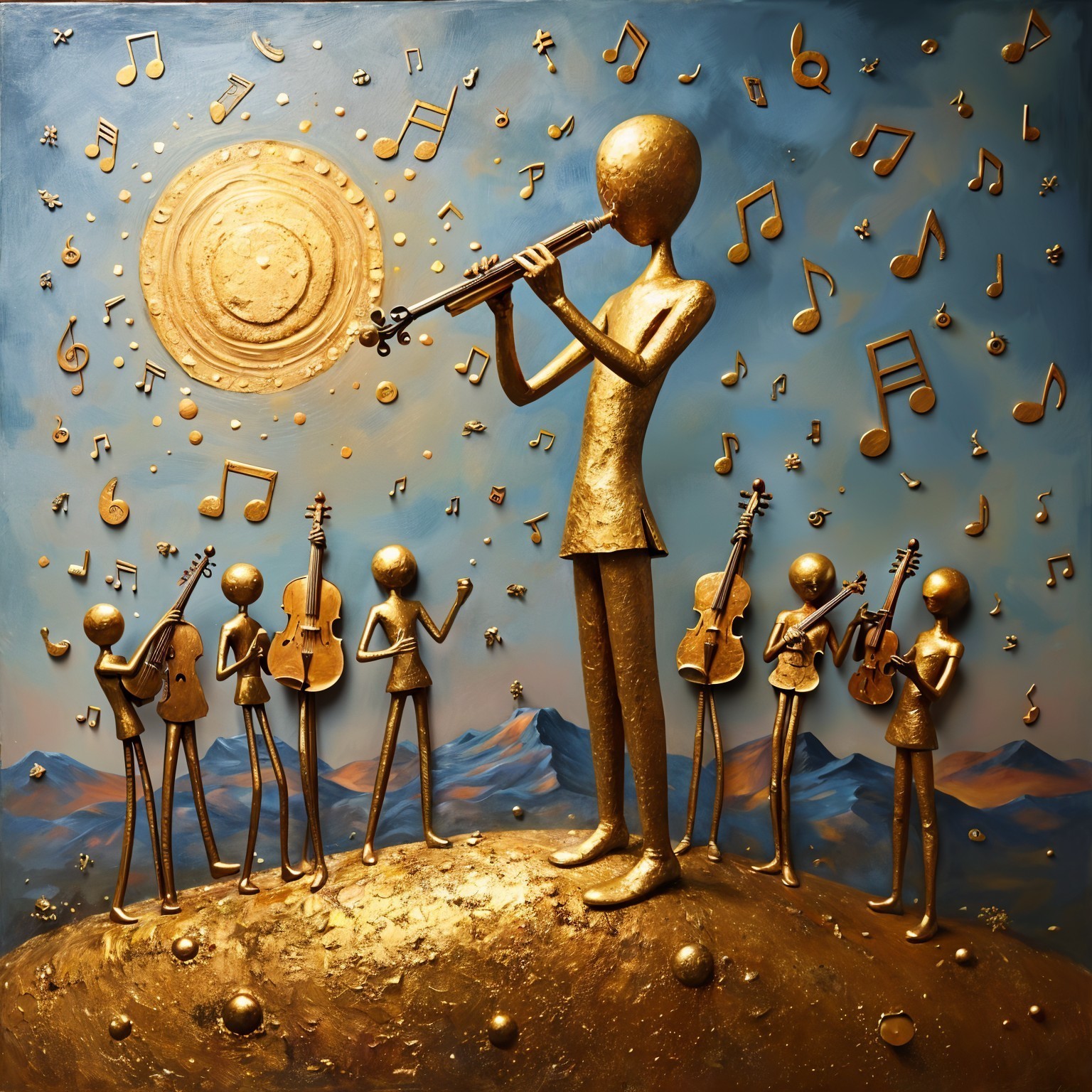Golden Sculpture of Musicians in Enchanting Setting