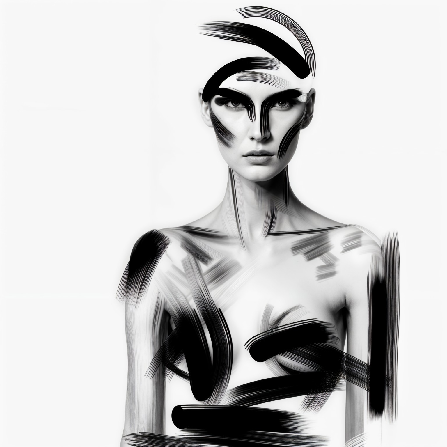 High-contrast portrait with artistic black brush strokes