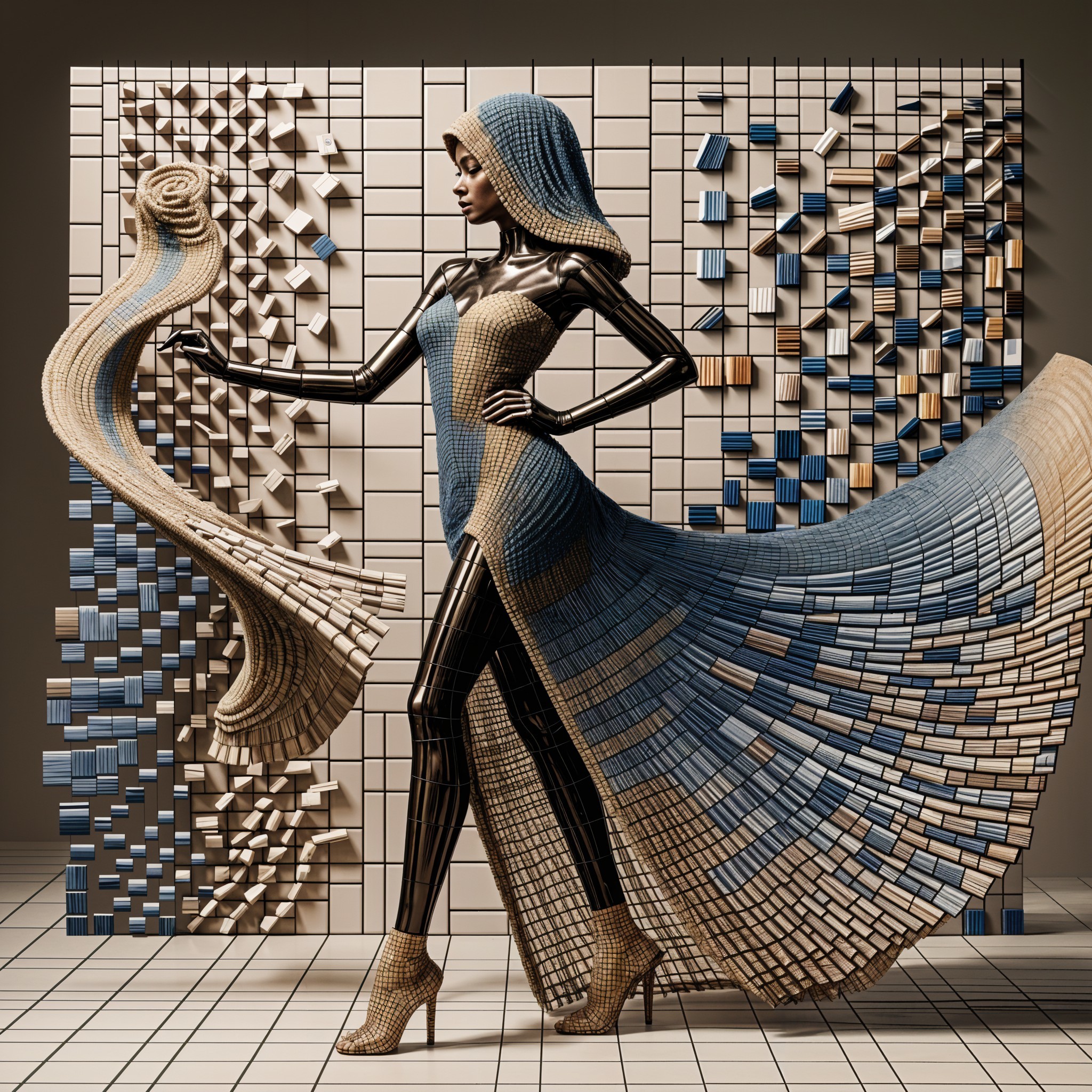 Elegant figure in wooden patterned gown against wall
