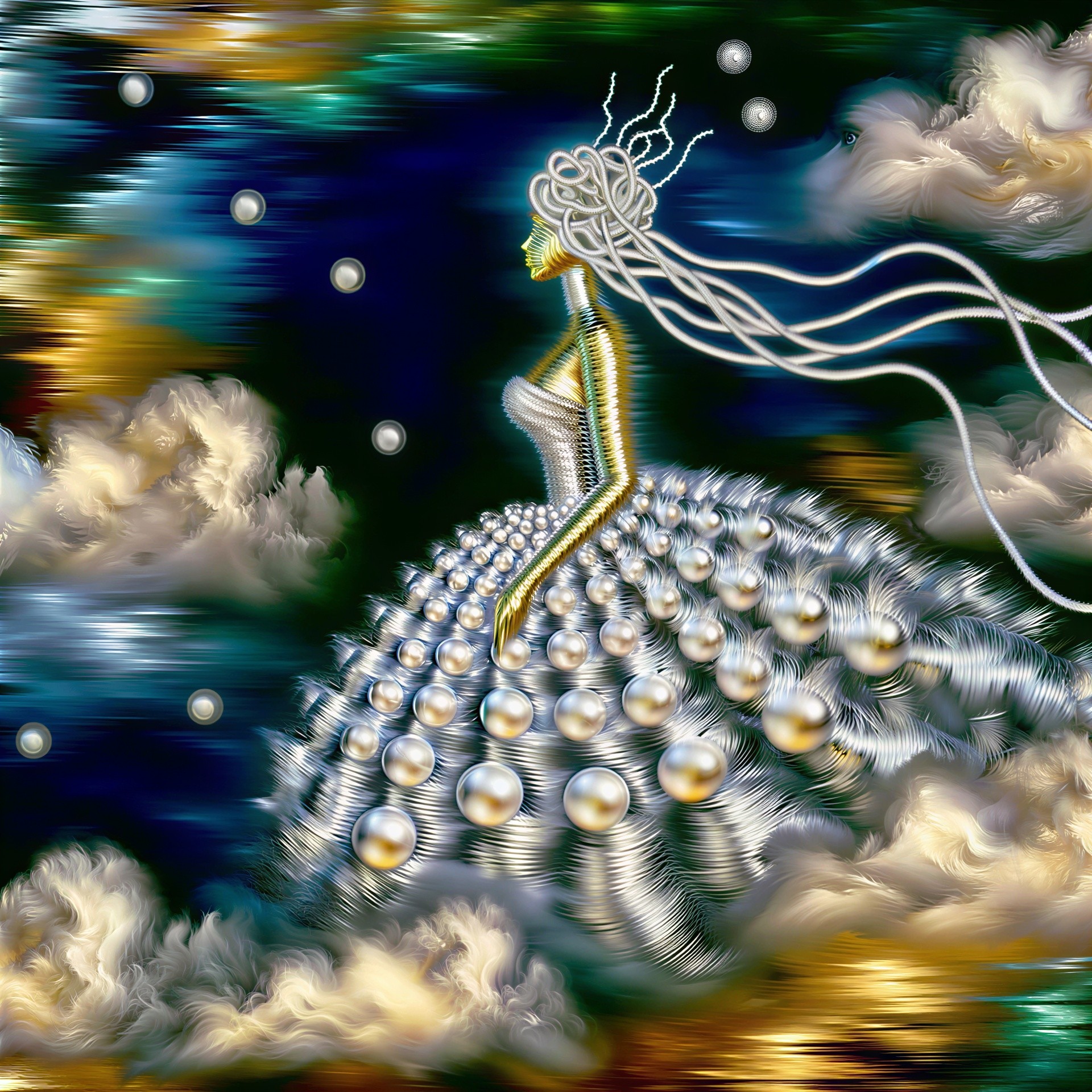 Digital painting of a woman in pearl gown with gold skin