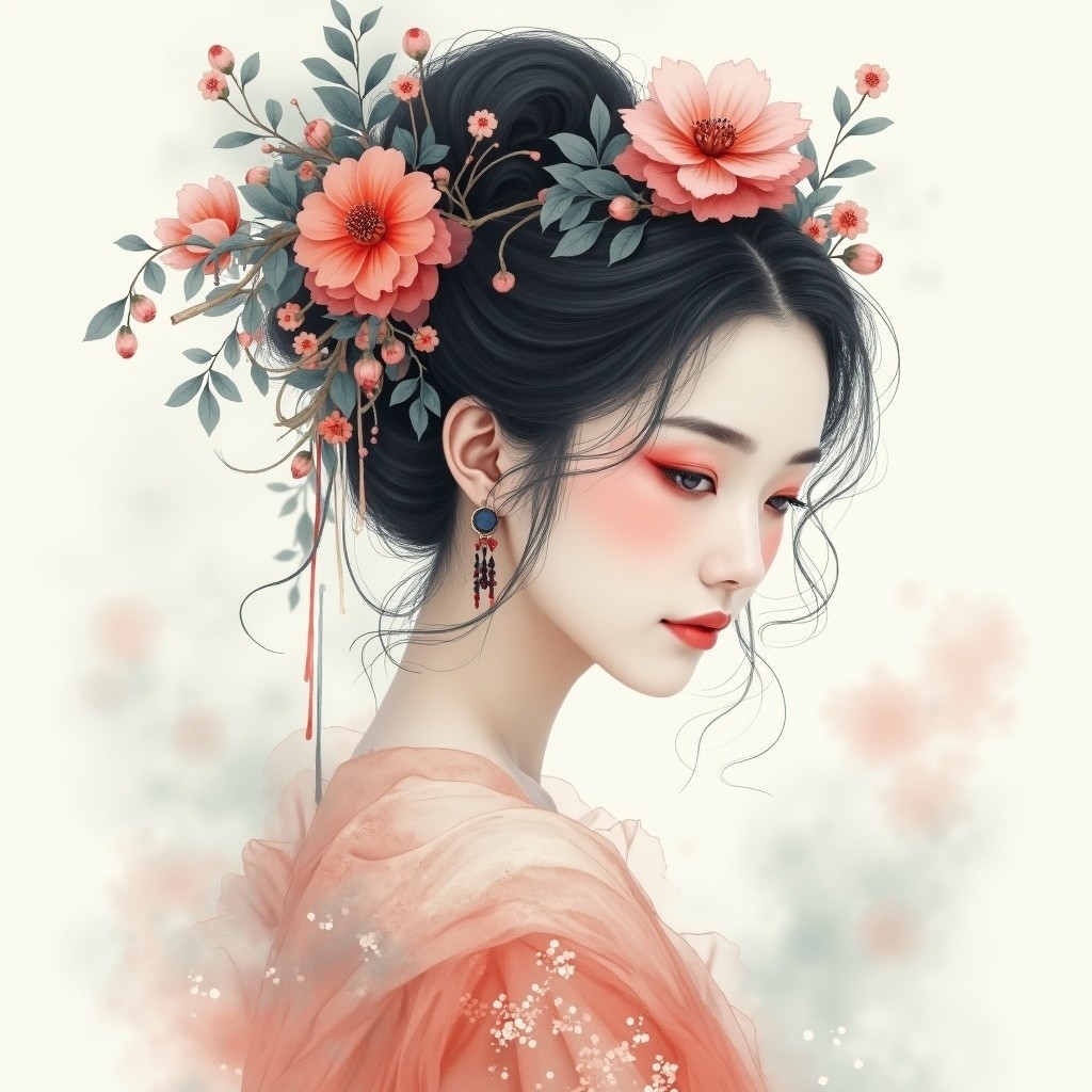 Young woman with flowers in hair and pastel attire
