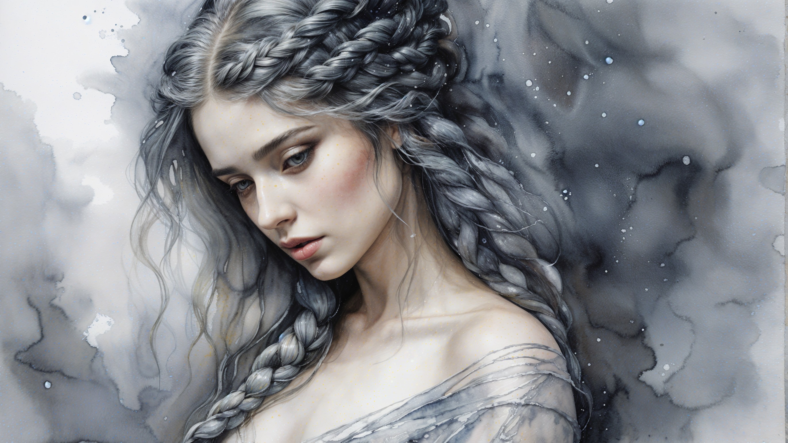 Young woman with silver hair in a misty background