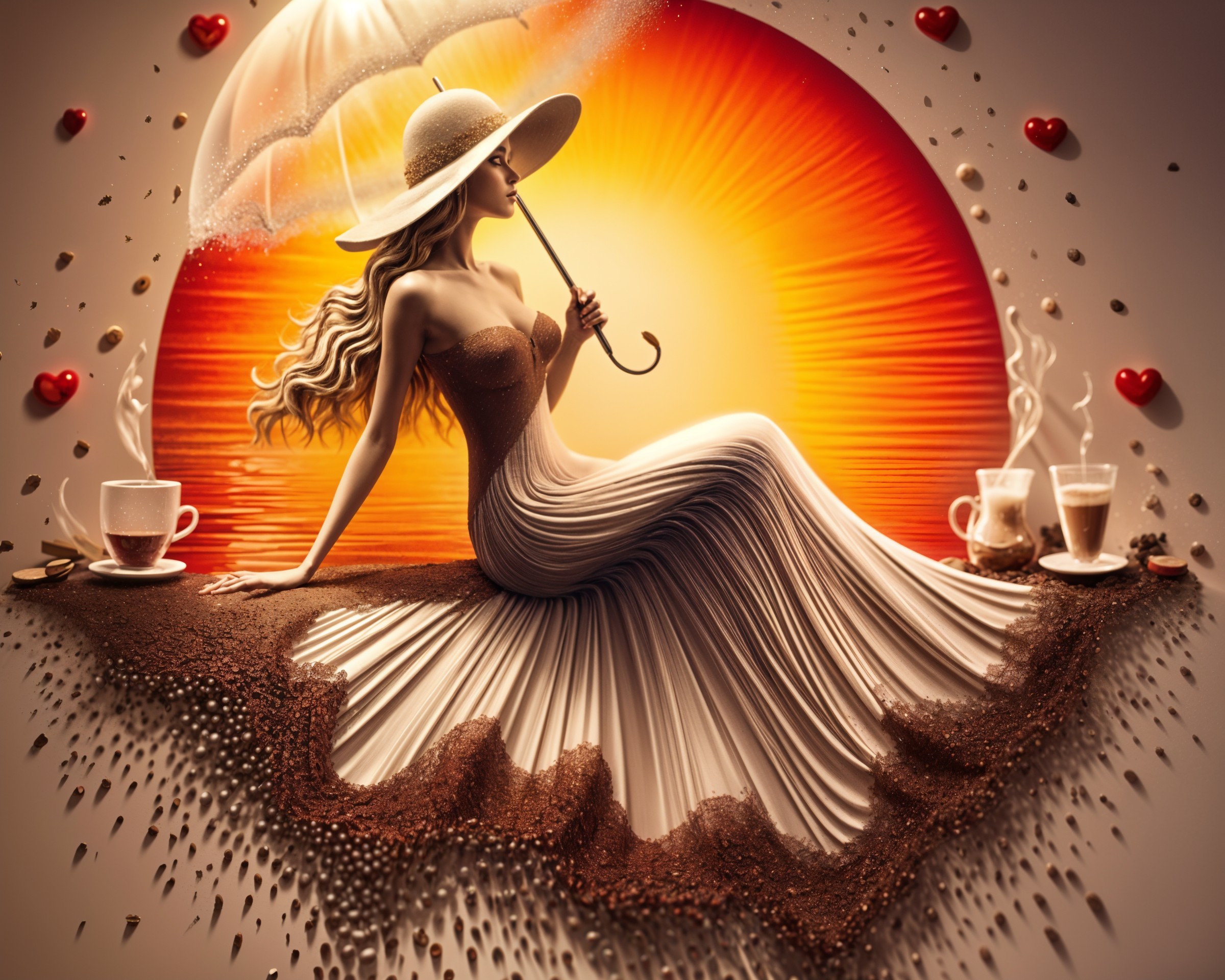 Elegant figure in beige dress at sunset scene