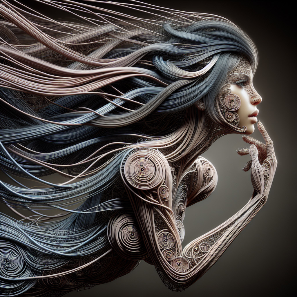 Stylized humanoid figure with ribbon-like strands