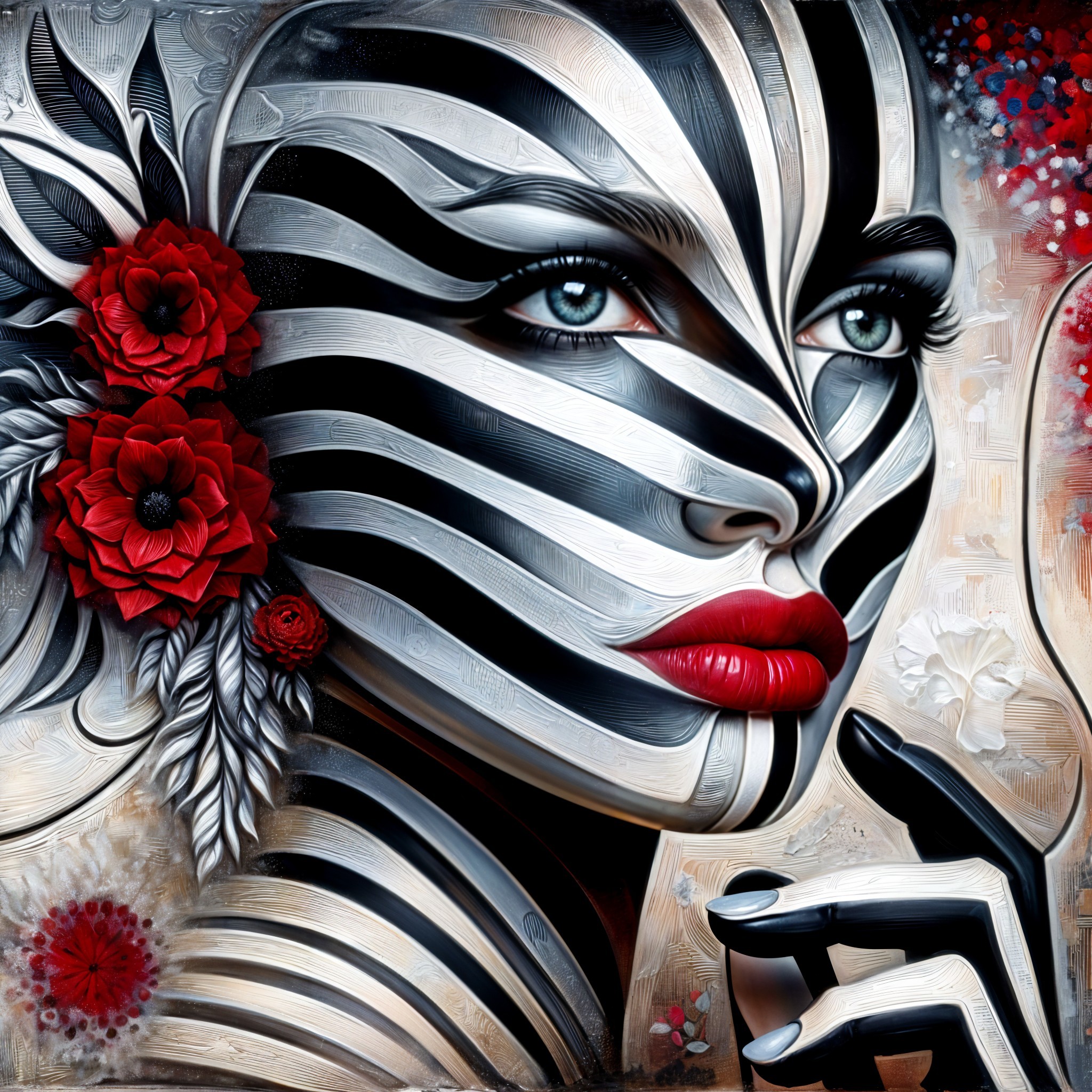 Portrait of Woman with Striped Face and Flowers
