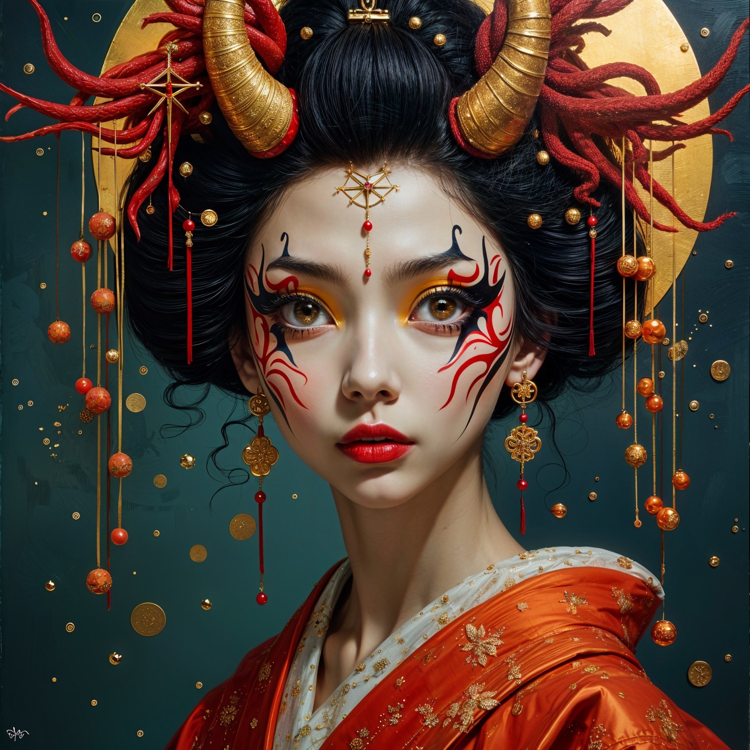 Vibrant Orange Kimono with Bold Makeup and Accessories