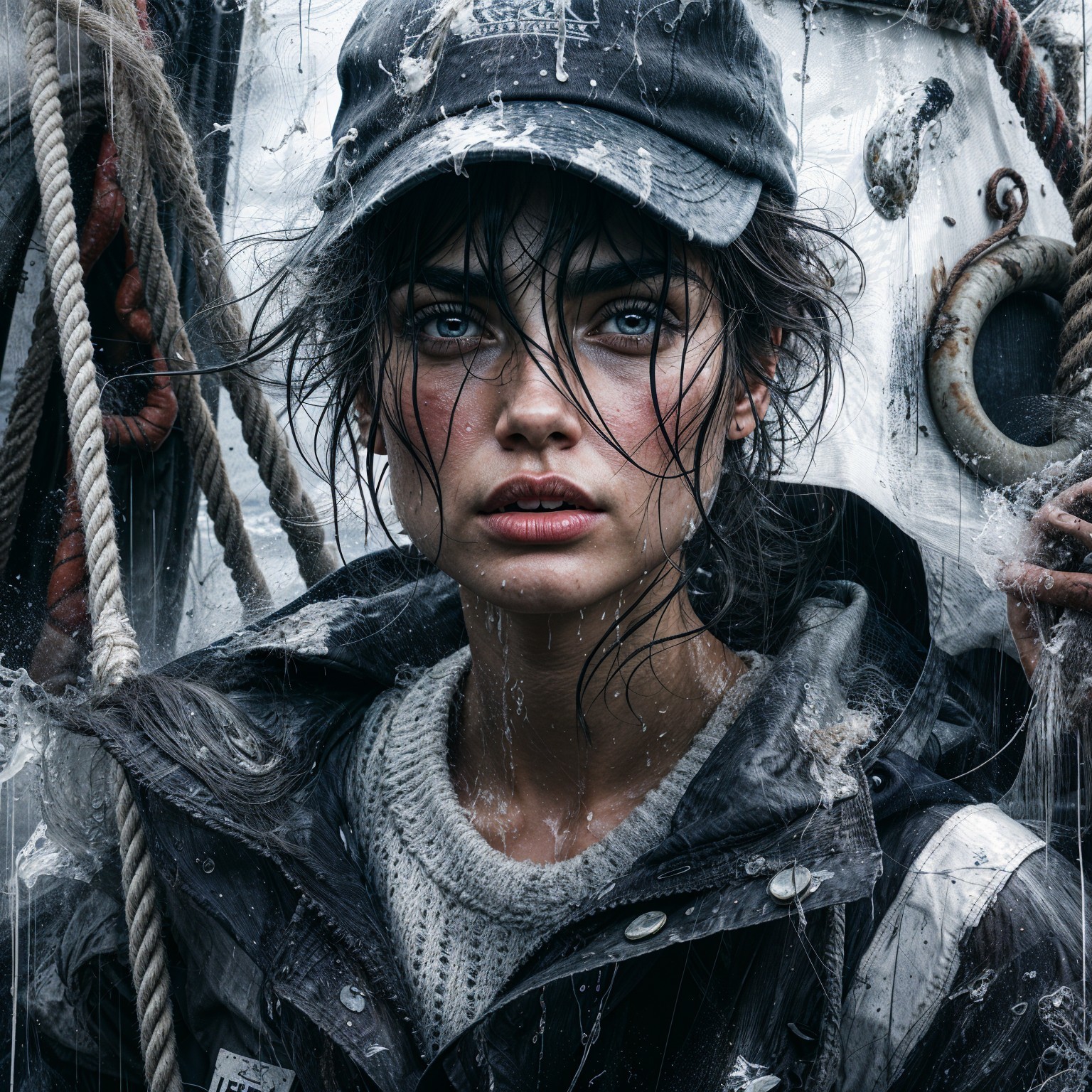 Young Woman in Rugged Maritime Scene with Rain
