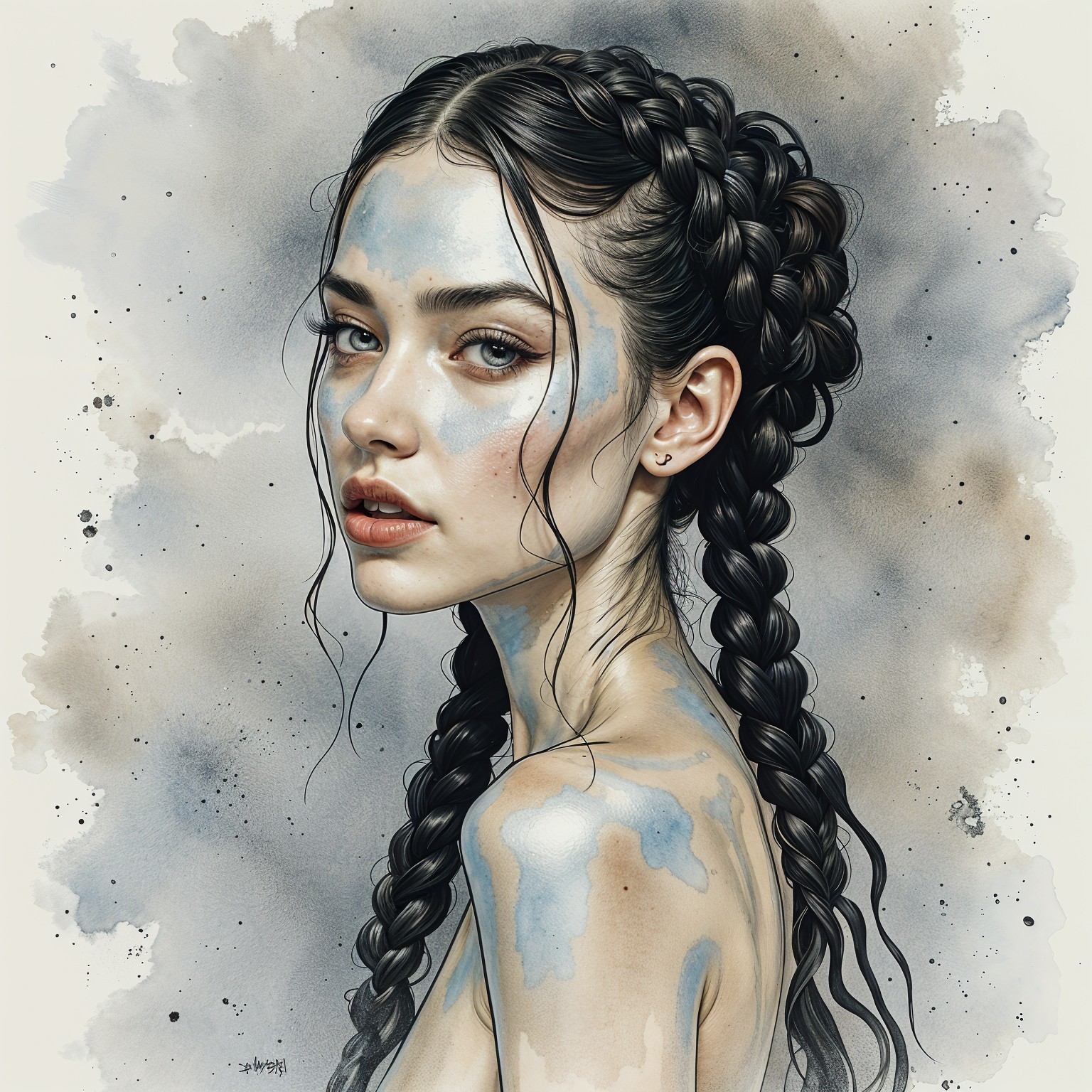 Portrait of a young woman with blue-painted skin