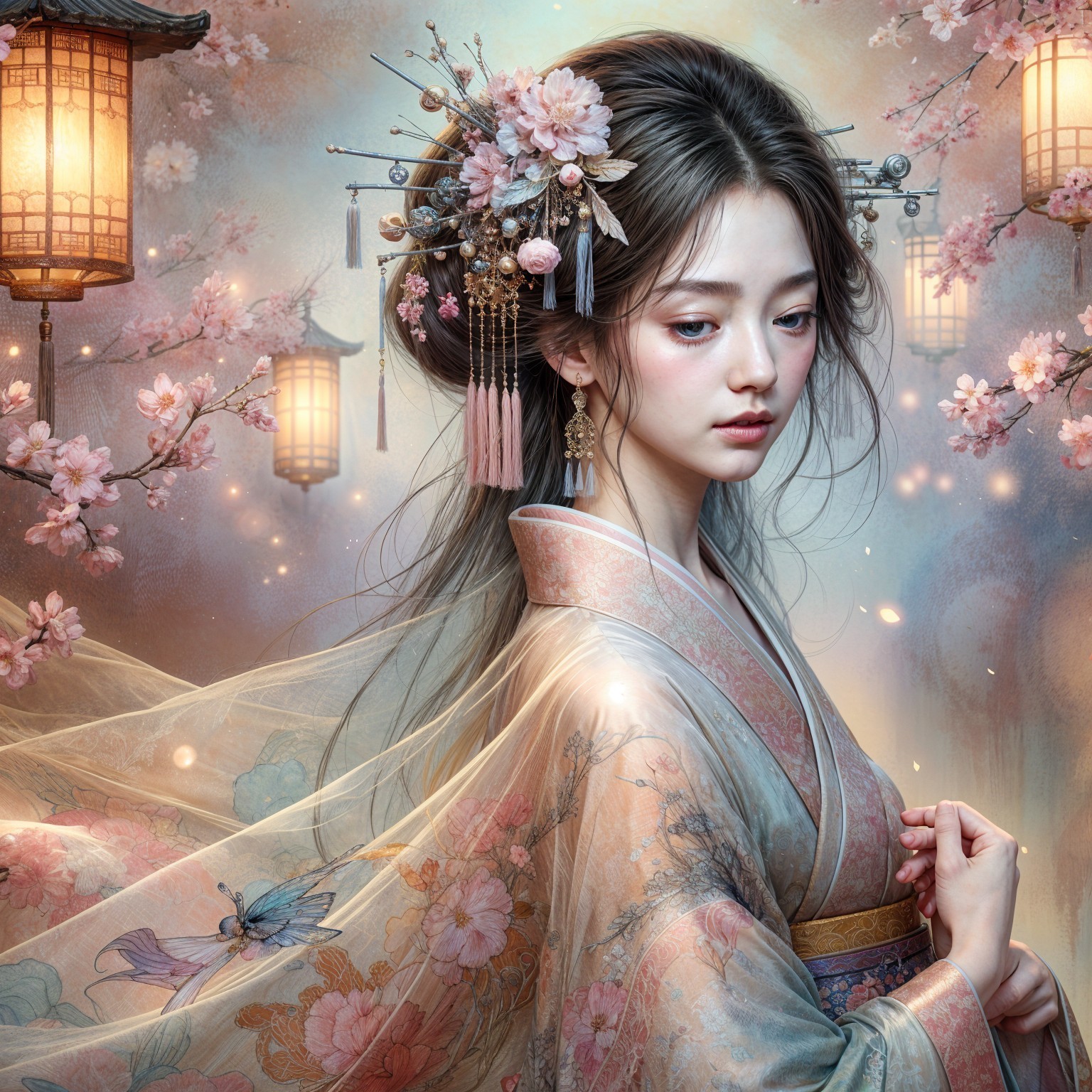 Graceful Woman in Traditional Attire Amid Cherry Blossoms