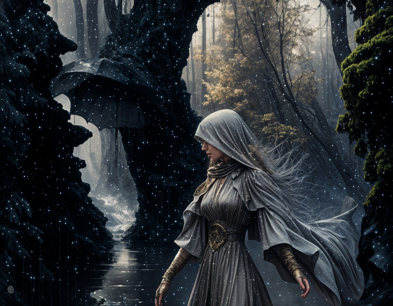 Mysterious Figure in a Misty Forest Setting