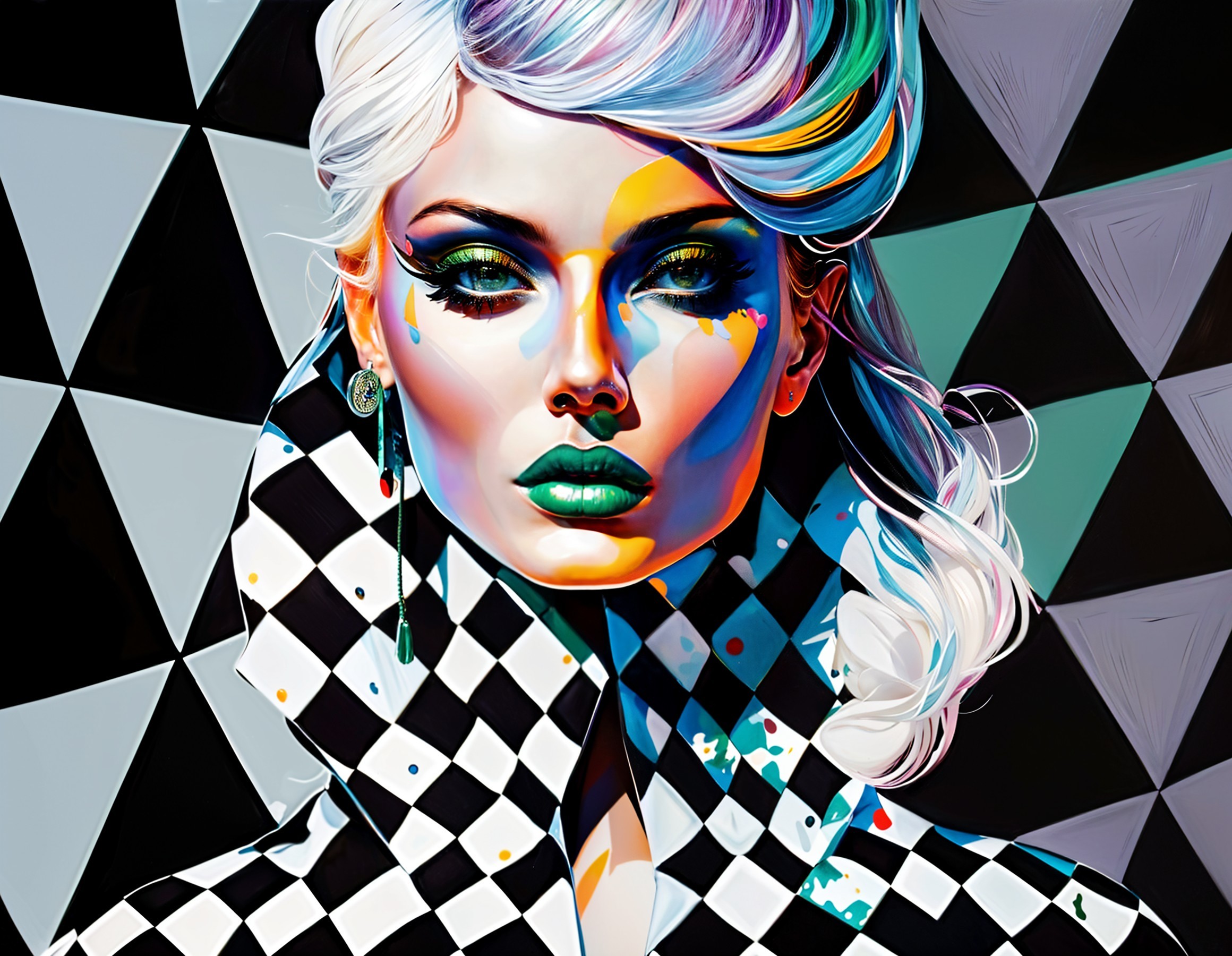 Vibrant Portrait with Bold Makeup and Geometric Background