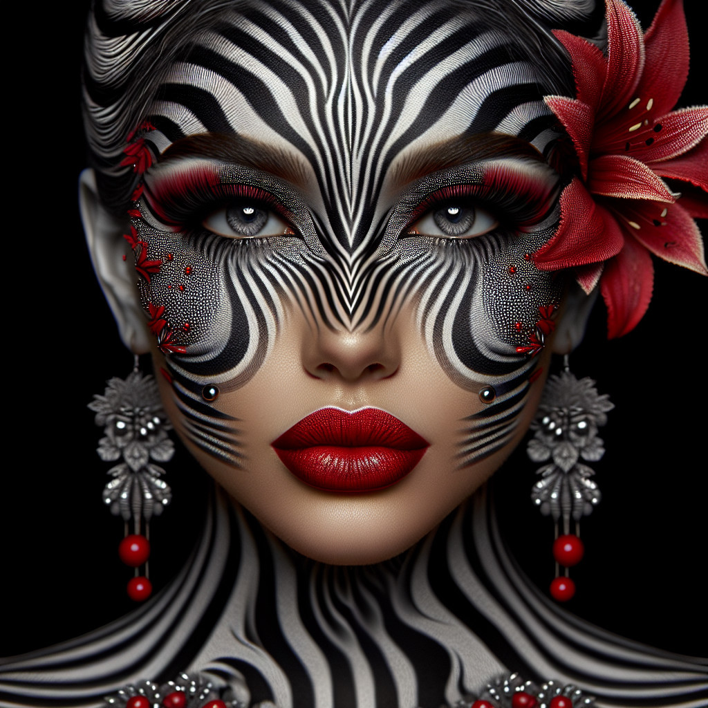 Portrait of a Woman with Zebra Face Paint and Floral Accents