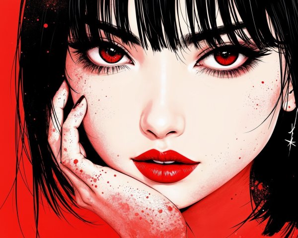 Close-up of a woman with red lips and eyes