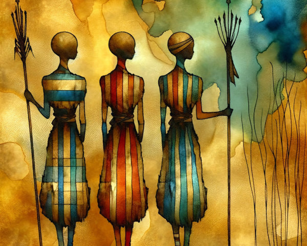 Stylized Figures in Vibrant Garments with Spears
