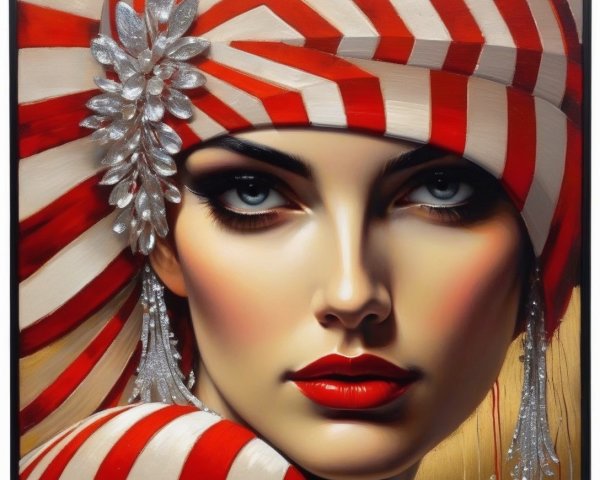 Portrait of a Woman with Striped Head Wrap and Makeup