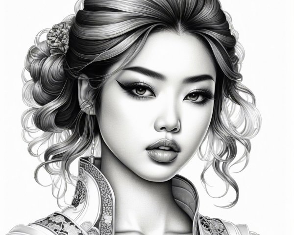 Monochrome Illustration of a Confident Young Woman