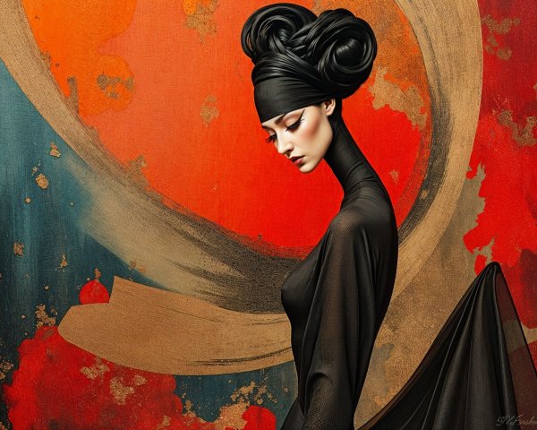 Elegant Figure in Black Gown Against Vibrant Backdrop