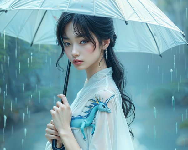 Young woman in rain with umbrella and toy unicorn