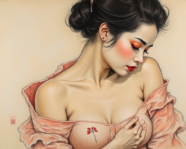 Serene Woman in Elegant Pink Garment with Floral Design