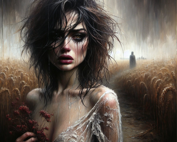 Distressed Woman in Wheat Field with Wilted Flowers
