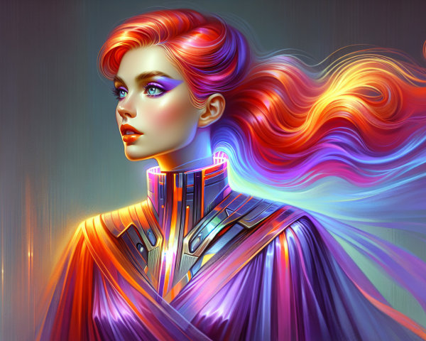 Futuristic Female Figure with Vibrant Hair and Garment