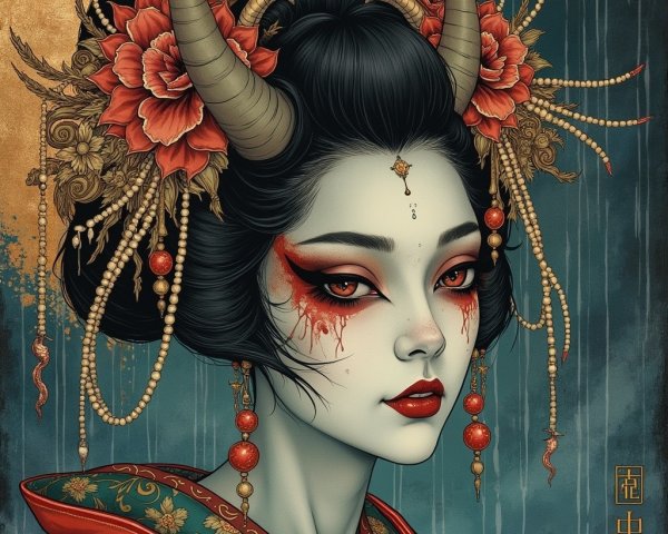 Striking Woman with Dark Hair and Red Flowers