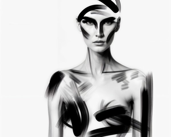 High-contrast portrait with artistic black brush strokes
