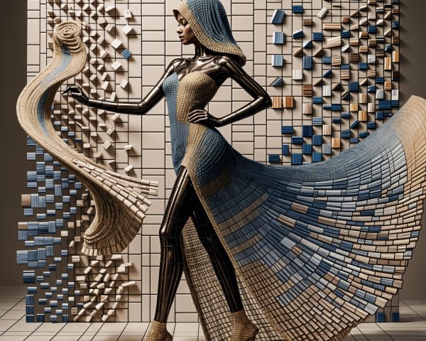 Elegant figure in wooden patterned gown against wall