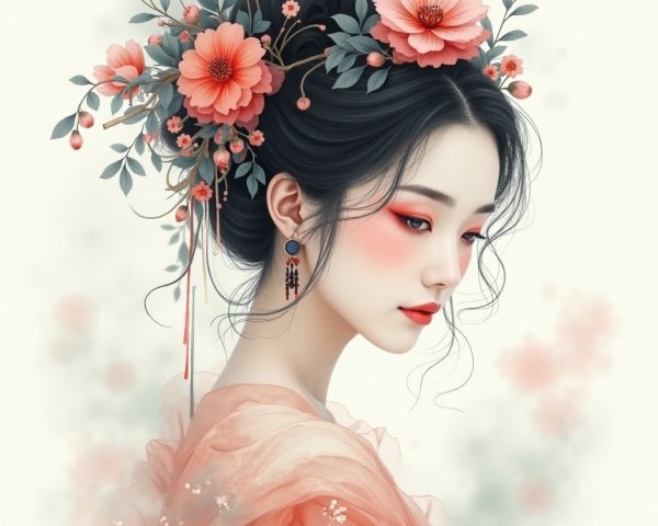 Young woman with flowers in hair and pastel attire
