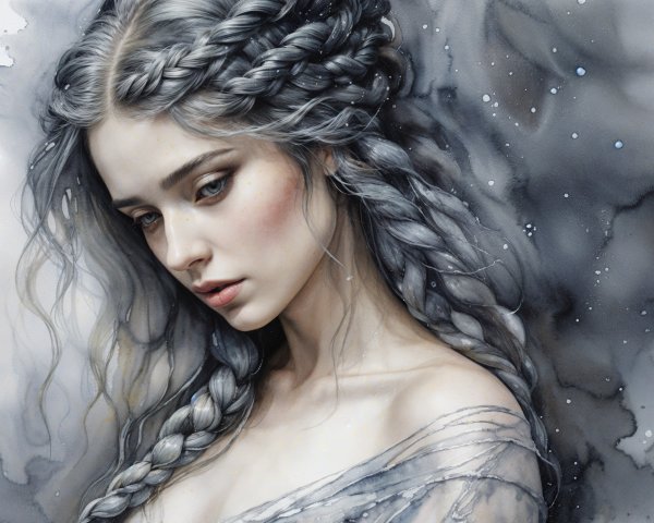 Young woman with silver hair in a misty background