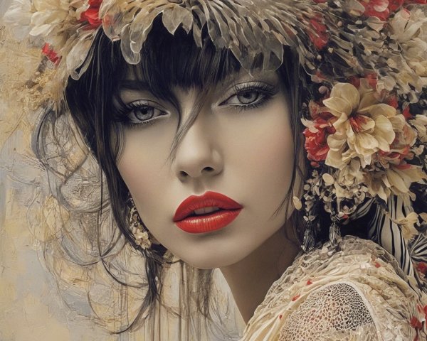 Portrait of a woman with floral headpiece and elegance