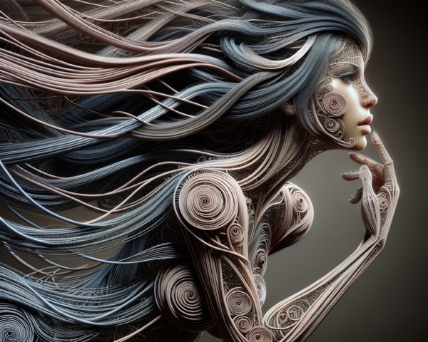 Stylized humanoid figure with ribbon-like strands