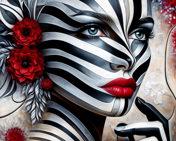 Portrait of Woman with Striped Face and Flowers