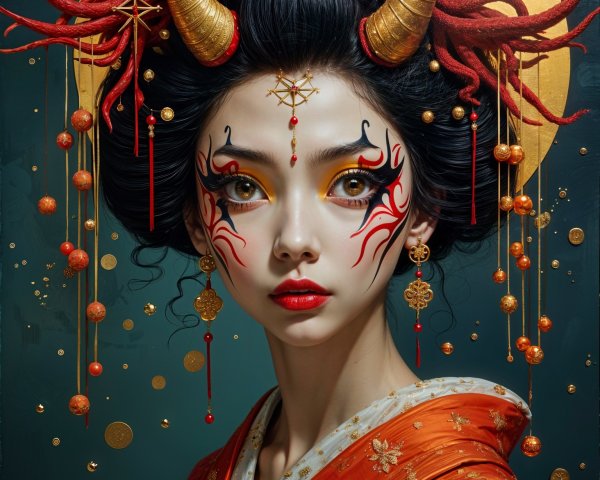 Vibrant Orange Kimono with Bold Makeup and Accessories