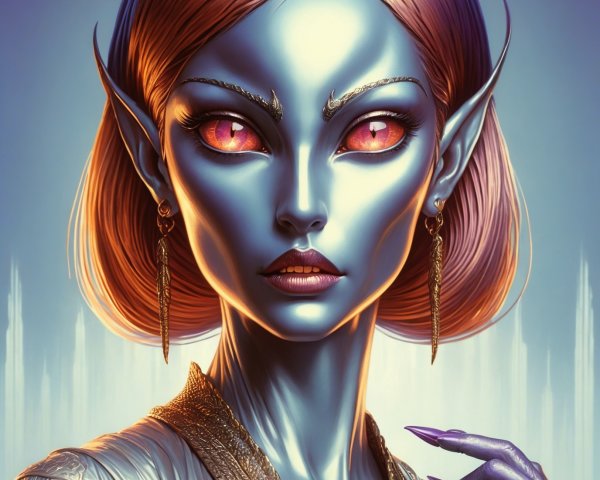 Alien Figure with Blue Skin and Glowing Orange Eyes