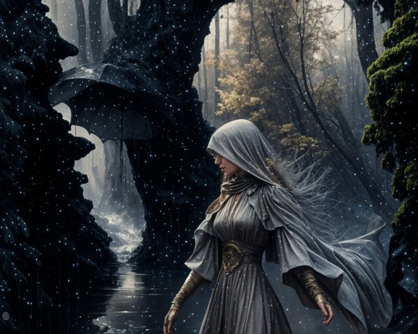 Mysterious Figure in a Misty Forest Setting