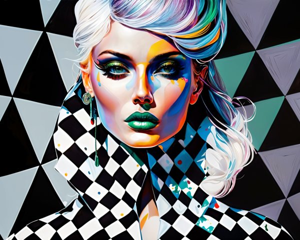Vibrant Portrait with Bold Makeup and Geometric Background