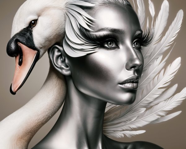 Sophisticated Woman with Silver Skin and Swan Companion