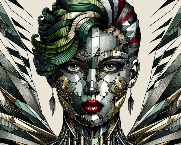 Robot-like female figure with metallic face design