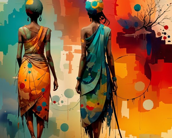 Two women in colorful patterned garments walking away